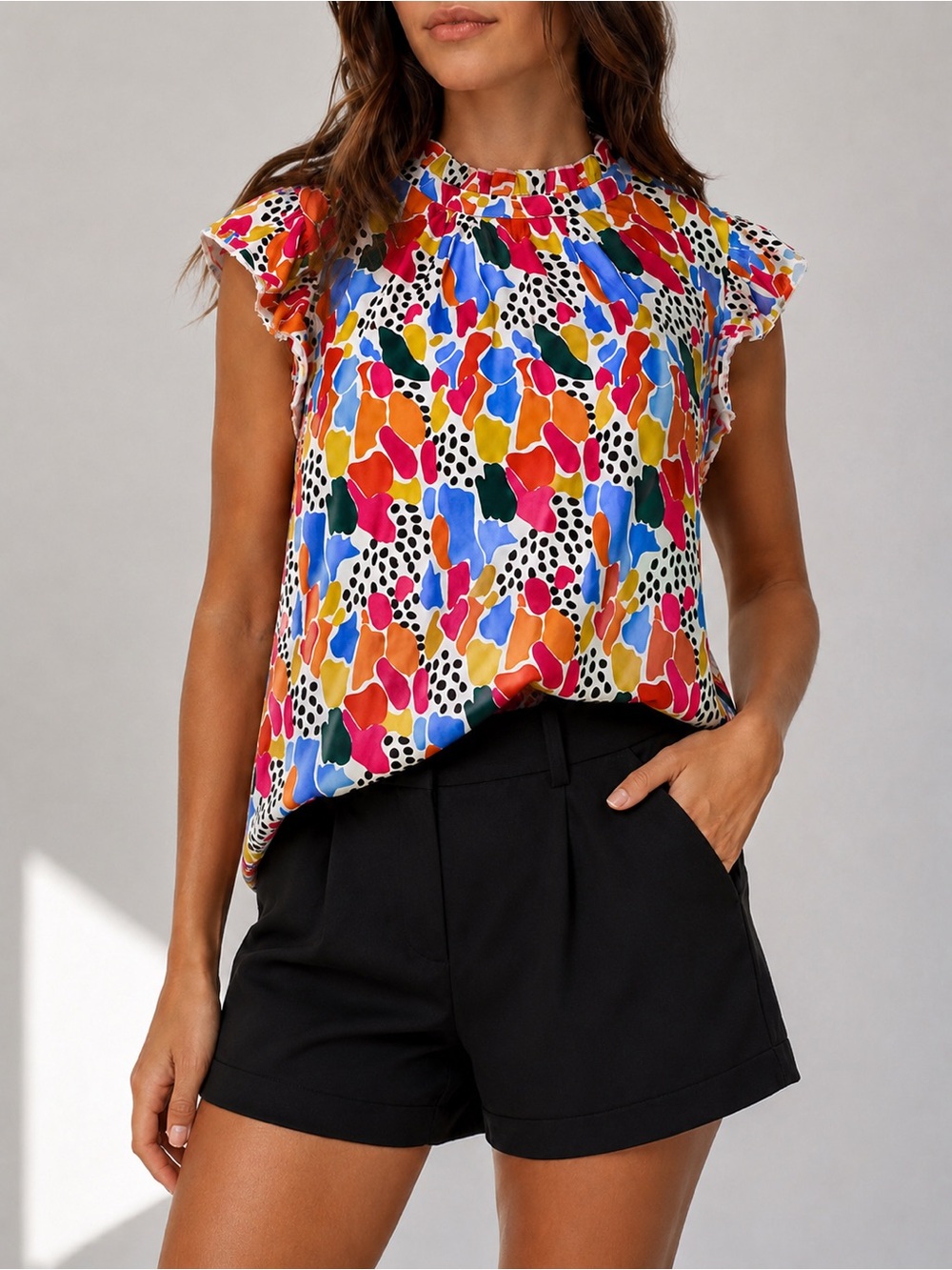 Colorful Abstract Print Flutter Sleeve Blouse XL Ruffle Neck Boutique Top